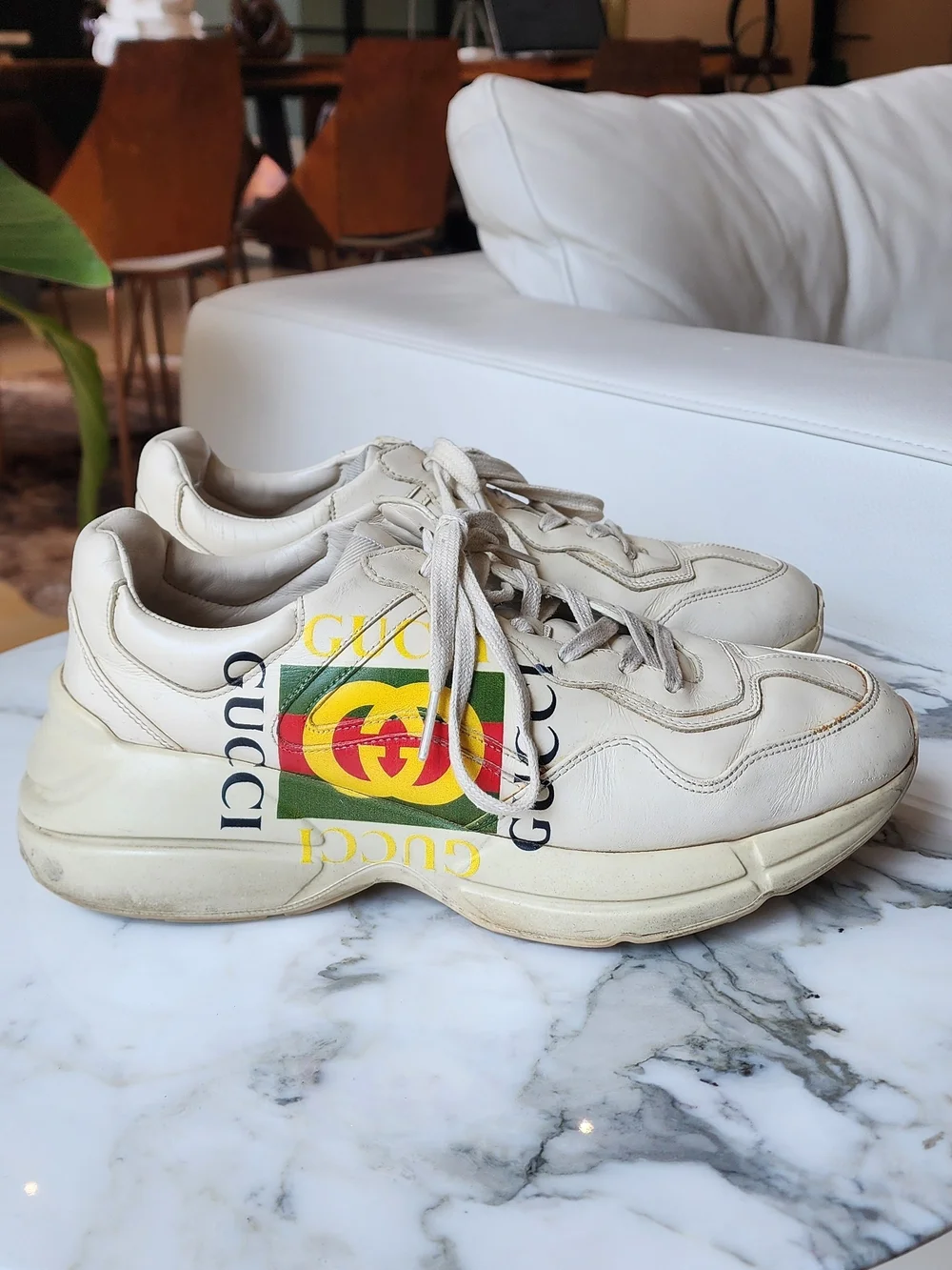 Gucci Cream Color Men's Rhyton Logo Leather Sneakers Size 8